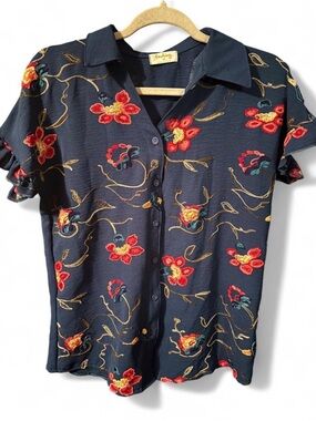 Dashing  Navy Floral Embroidered Button-Front Shirt Womens M